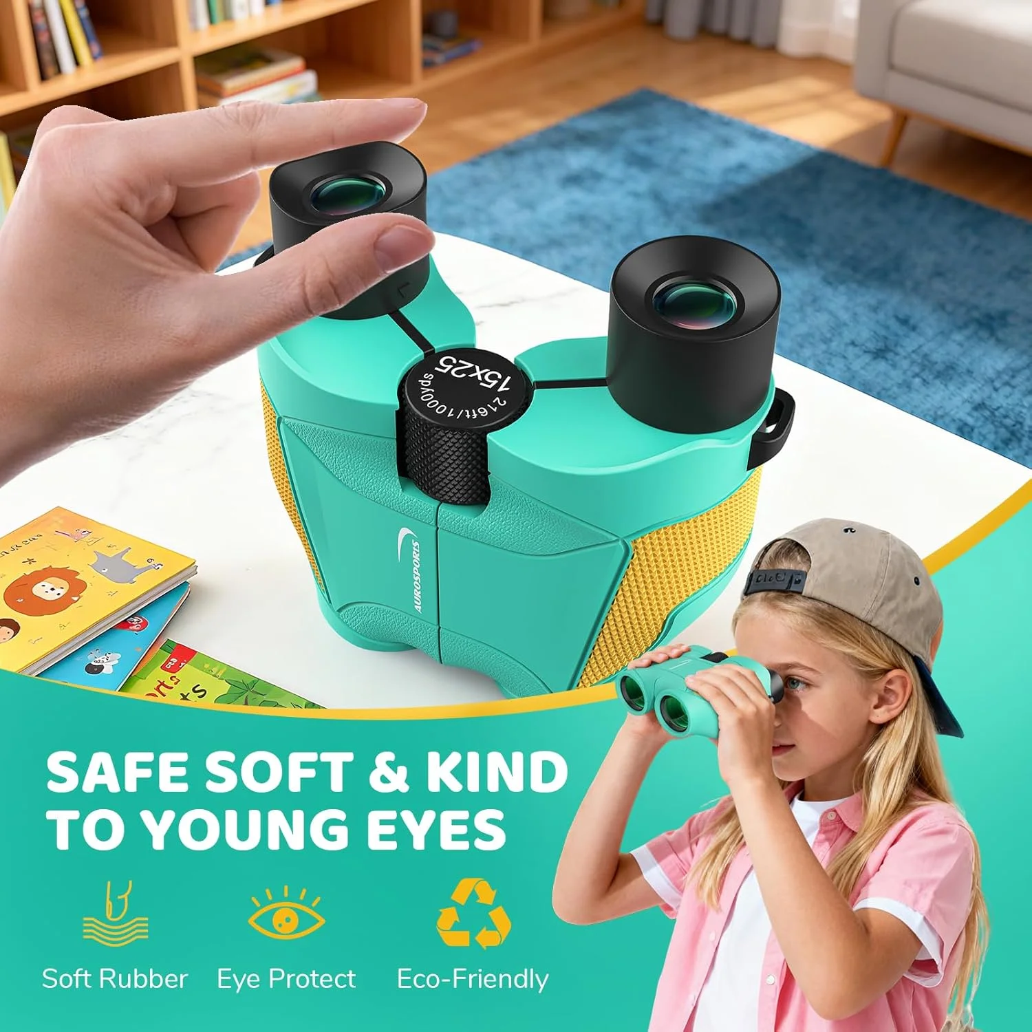 دوربین شکاری کوچک 15x25 Aurosports برای کودکان - دوربین شکاری سبک وزن با کیف حمل و راهنمای پرنده نگری برای تماشای پرندگان، پیاده روی، کمپینگ، مسافرت و شکار برای پسران و دختران 4 تا 12 سال (سبز)