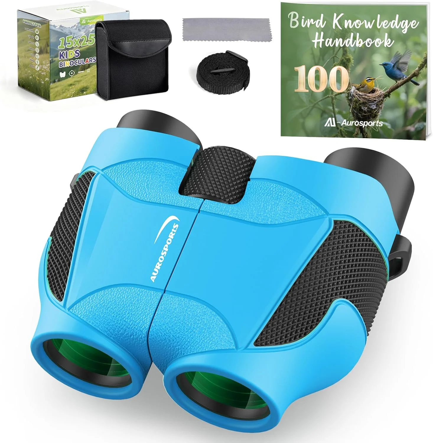 دوربین دوچشمی کوچک 15x25 Aurosports برای کودکان - دوربین دوچشمی سبک وزن با کیف حمل، راهنمای پرنده نگری برای تماشای پرندگان، پیاده روی، کمپینگ، مسافرت، شکار برای پسران و دختران 4-12 ساله (آبی)