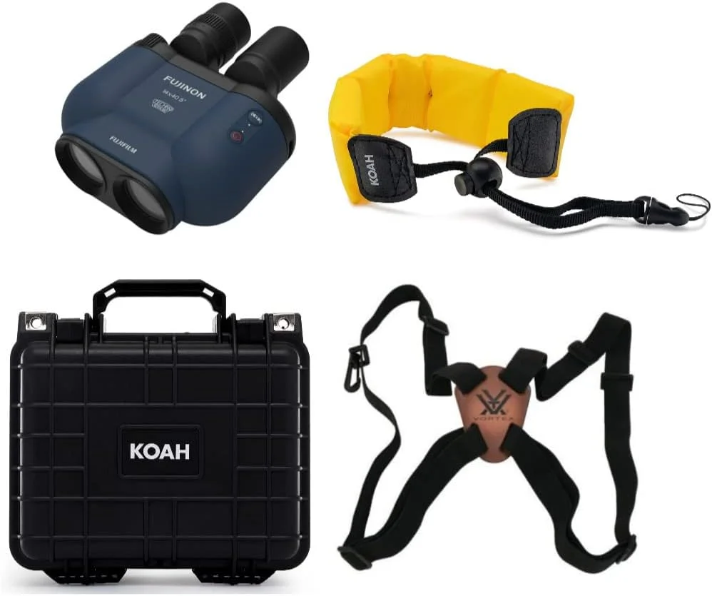 دوربین دوچشمی فوجی فیلم TS-X 1440 Techno Stabi به همراه کیف نرم و سنسور ژیروسکوپ الکترونیکی (آبی نفتی) به همراه جعبه سخت ضد آب، بند شناور دوربین (زرد) و بند هارنس (4 تکه)