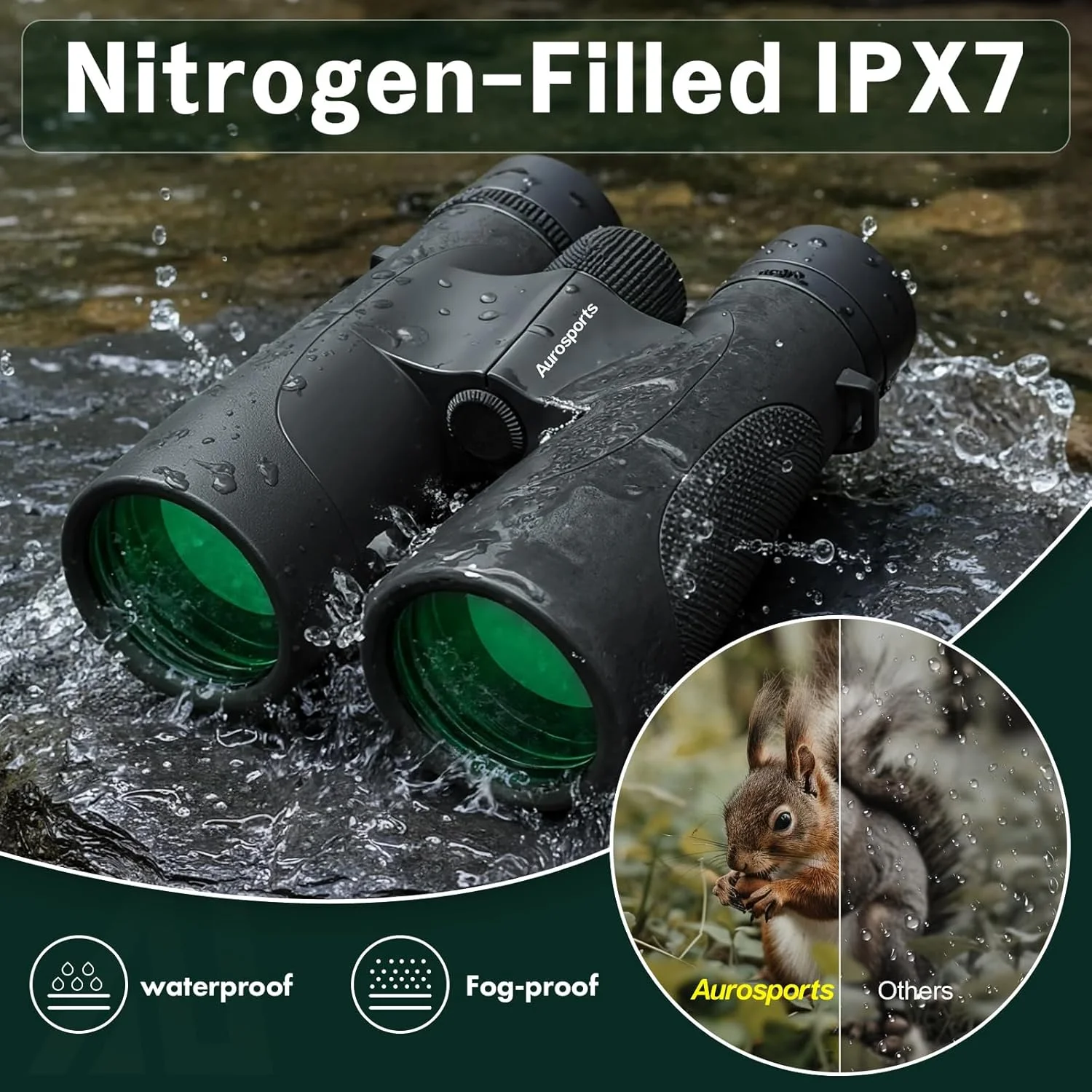 دوربین دوچشمی 15x52 Aurosports برای بزرگسالان با قدرت بالا - دوربین دوچشمی ضد آب پر شده از نیتروژن IPX7 برای تماشای پرندگان با دید در نور کم، فوکوس آسان، مناسب شکار، مسافرت، کشتی تفریحی و ورزش، مشکی
