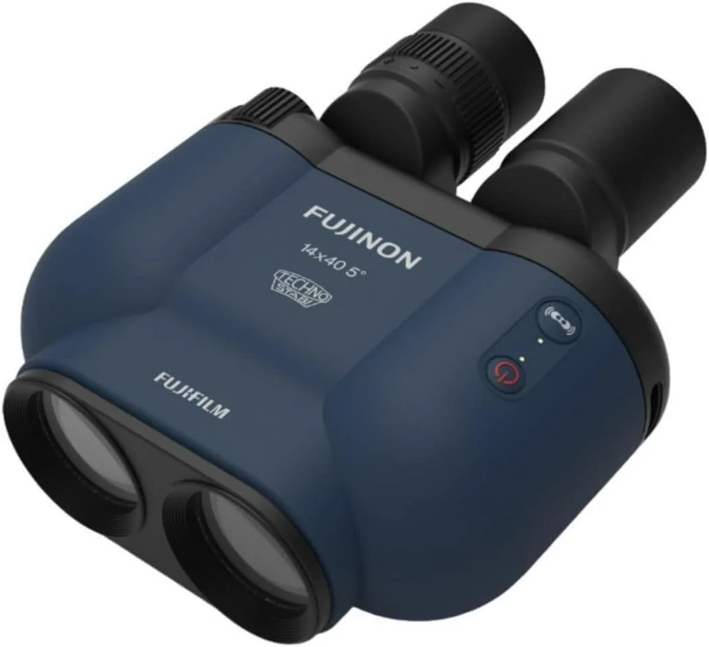 دوربین دوچشمی فوجی فیلم TS-X 1440 Techno Stabi به همراه کیف نرم و سنسور ژیروسکوپ الکترونیکی (آبی نفتی) به همراه جعبه سخت ضد آب، بند شناور دوربین (زرد) و بند هارنس (4 تکه)