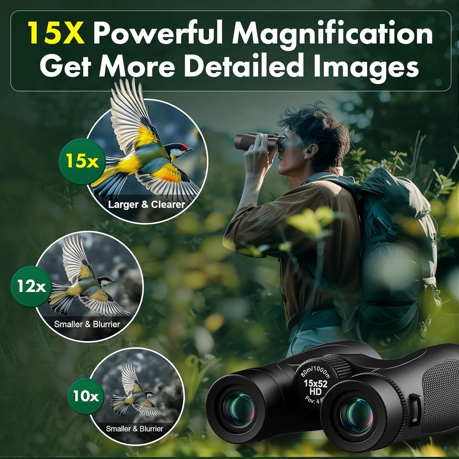 دوربین دوچشمی 15x52 Aurosports برای بزرگسالان با قدرت بالا - دوربین دوچشمی ضد آب پر شده از نیتروژن IPX7 برای تماشای پرندگان با دید در نور کم، فوکوس آسان، مناسب شکار، مسافرت، کشتی تفریحی و ورزش، مشکی