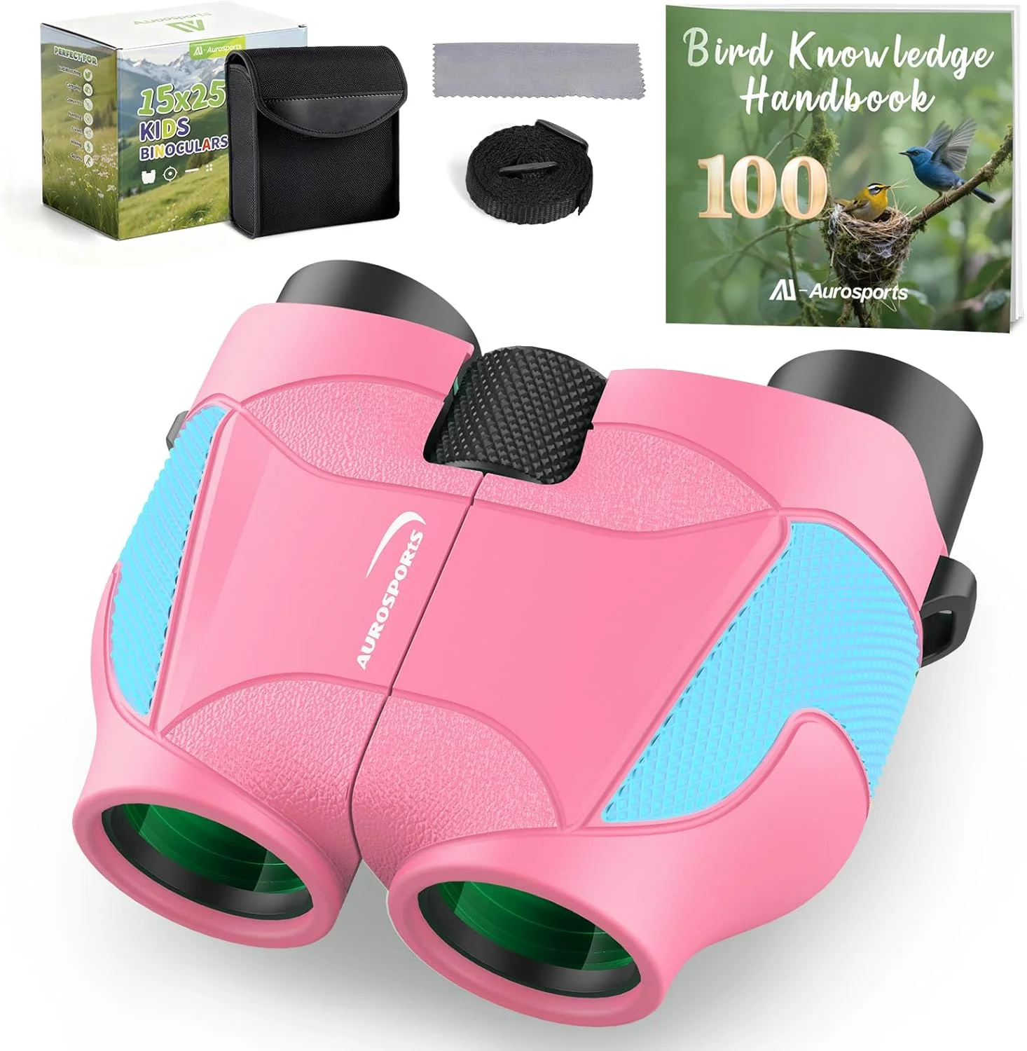 دوربین شکاری کوچک 15x25 Aurosports برای کودکان - دوربین شکاری سبک وزن با کیف حمل و راهنمای پرنده نگری برای تماشای پرندگان، پیاده روی، کمپینگ، مسافرت و شکار برای پسران و دختران 4-12 ساله (صورتی)