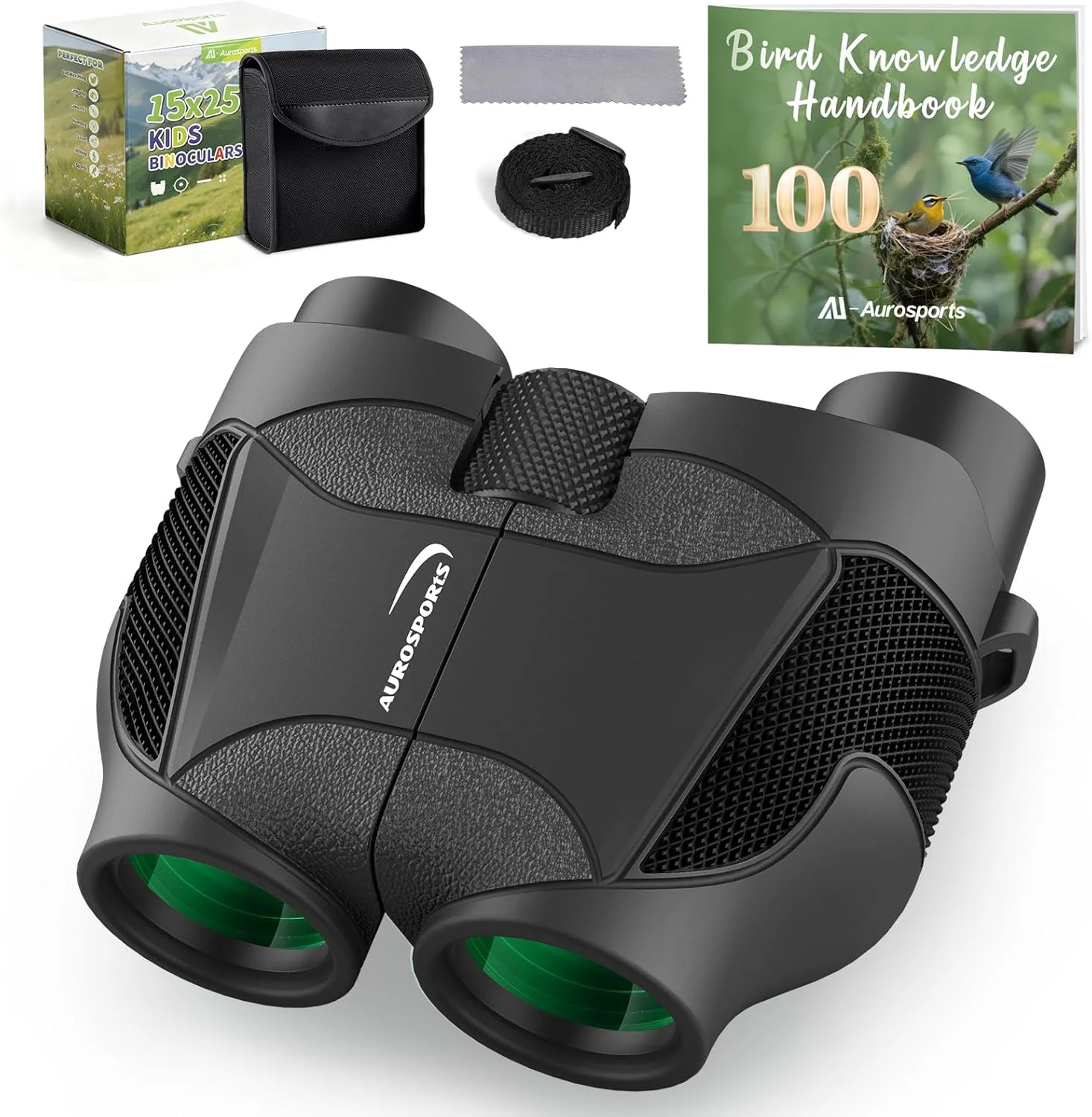 دوربین شکاری کوچک 15x25 Aurosports برای کودکان - دوربین شکاری سبک وزن با کیف حمل و راهنمای پرنده نگری برای تماشای پرندگان، پیاده روی، کمپینگ، مسافرت و شکار برای پسران و دختران 4 تا 12 سال (مشکی)