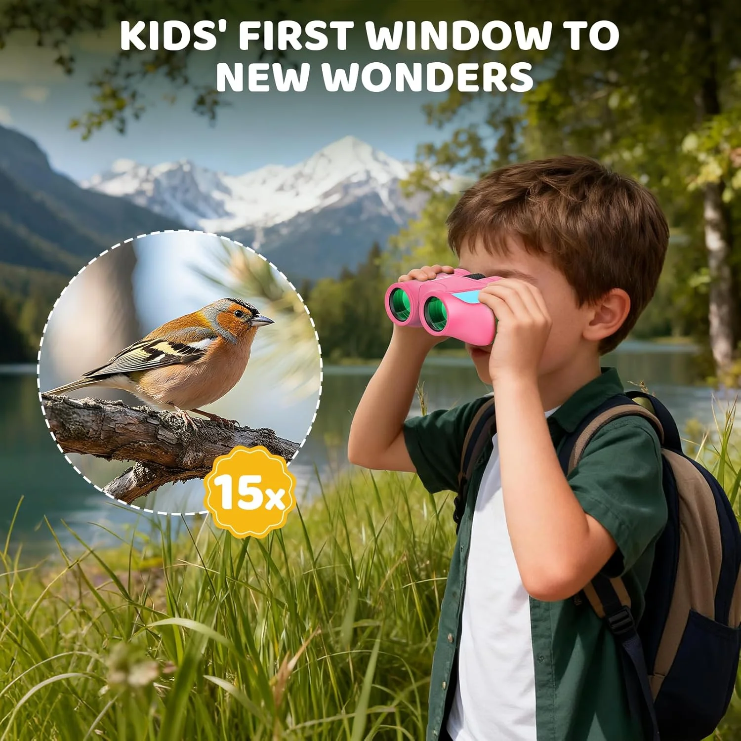 دوربین شکاری کوچک 15x25 Aurosports برای کودکان - دوربین شکاری سبک وزن با کیف حمل و راهنمای پرنده نگری برای تماشای پرندگان، پیاده روی، کمپینگ، مسافرت و شکار برای پسران و دختران 4-12 ساله (صورتی)