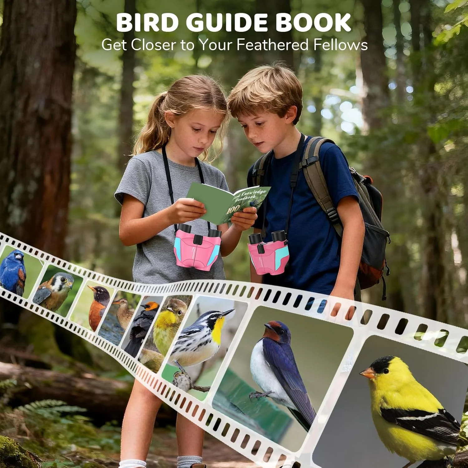 دوربین شکاری کوچک 15x25 Aurosports برای کودکان - دوربین شکاری سبک وزن با کیف حمل و راهنمای پرنده نگری برای تماشای پرندگان، پیاده روی، کمپینگ، مسافرت و شکار برای پسران و دختران 4-12 ساله (صورتی)