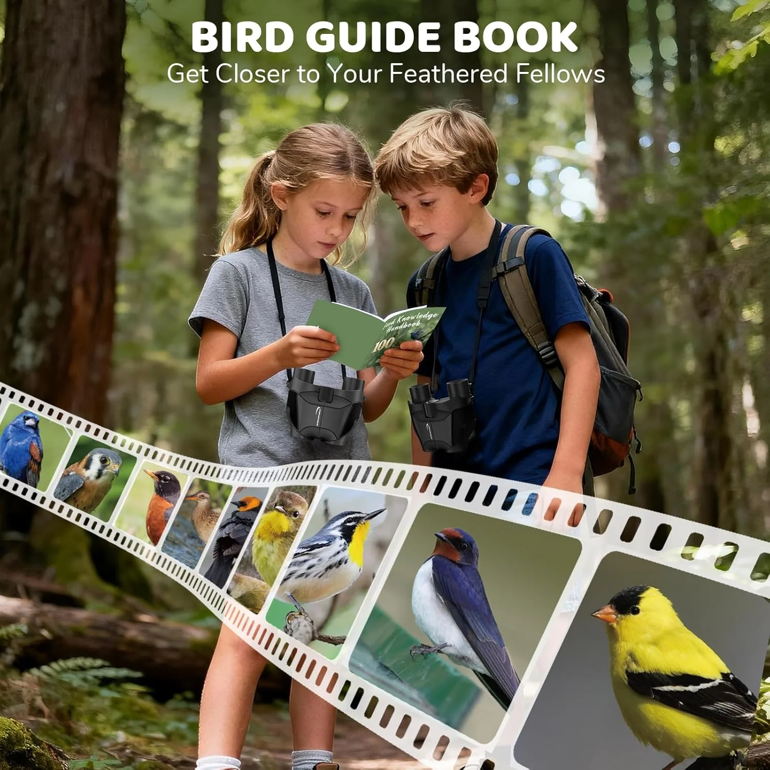 دوربین شکاری کوچک 15x25 Aurosports برای کودکان - دوربین شکاری سبک وزن با کیف حمل و راهنمای پرنده نگری برای تماشای پرندگان، پیاده روی، کمپینگ، مسافرت و شکار برای پسران و دختران 4 تا 12 سال (مشکی)