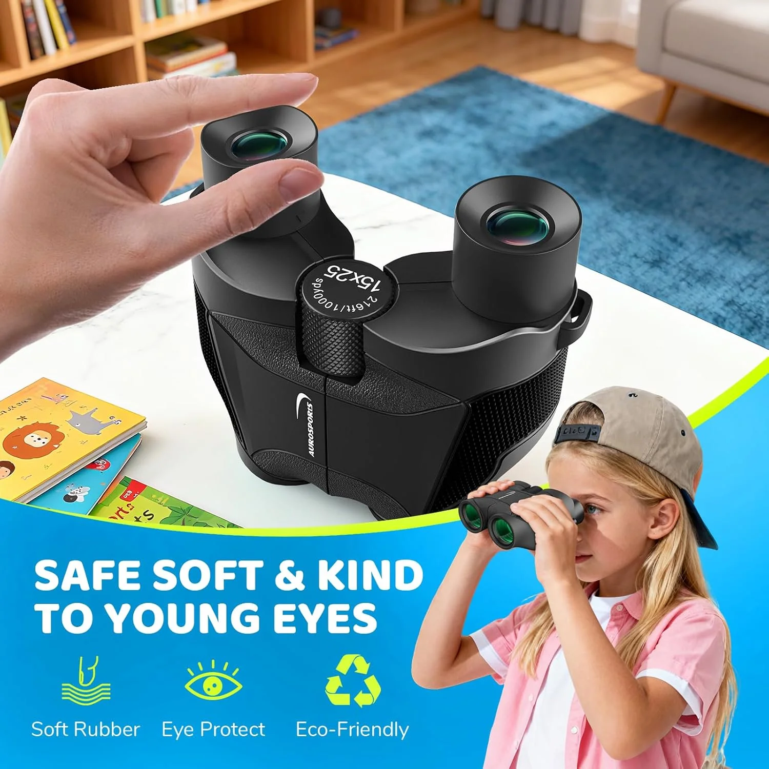 دوربین شکاری کوچک 15x25 Aurosports برای کودکان - دوربین شکاری سبک وزن با کیف حمل و راهنمای پرنده نگری برای تماشای پرندگان، پیاده روی، کمپینگ، مسافرت و شکار برای پسران و دختران 4 تا 12 سال (مشکی)