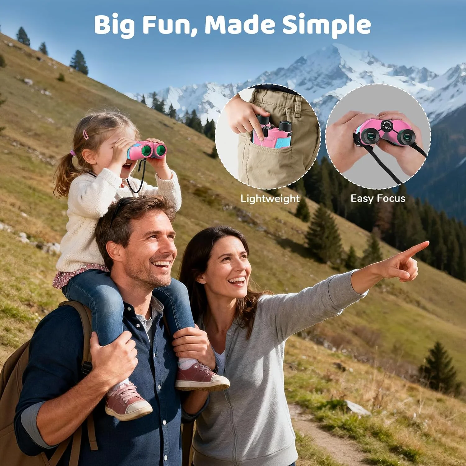دوربین شکاری کوچک 15x25 Aurosports برای کودکان - دوربین شکاری سبک وزن با کیف حمل و راهنمای پرنده نگری برای تماشای پرندگان، پیاده روی، کمپینگ، مسافرت و شکار برای پسران و دختران 4-12 ساله (صورتی)