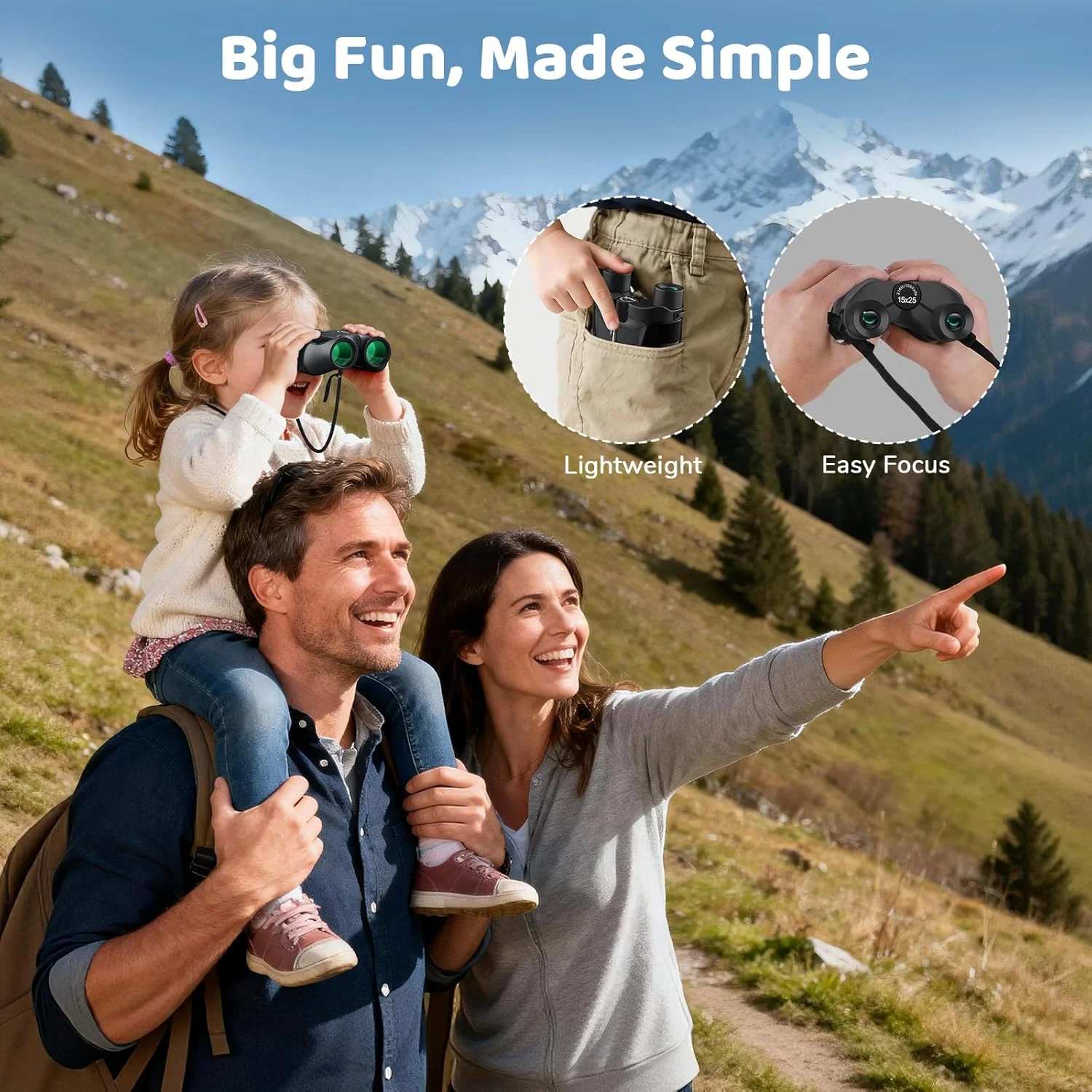 دوربین شکاری کوچک 15x25 Aurosports برای کودکان - دوربین شکاری سبک وزن با کیف حمل و راهنمای پرنده نگری برای تماشای پرندگان، پیاده روی، کمپینگ، مسافرت و شکار برای پسران و دختران 4 تا 12 سال (مشکی)