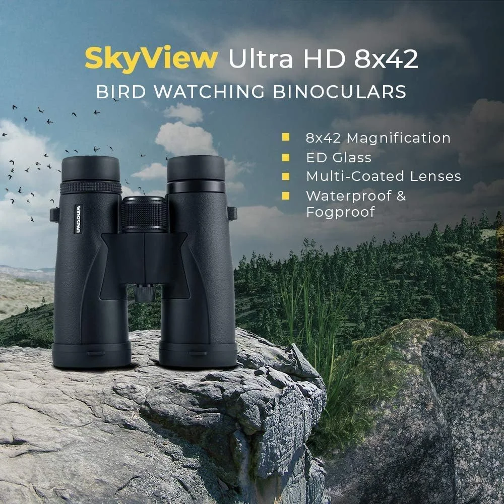دوربین دوچشمی 8X42 Wingspan Optics Skyview Ultra HD برای تماشای پرندگان با شیشه ED. ضد آب، میدان دید گسترده، فوکوس نزدیک. تماشای پرندگان بهتر و روشن تر را در Ultra HD تجربه کنید