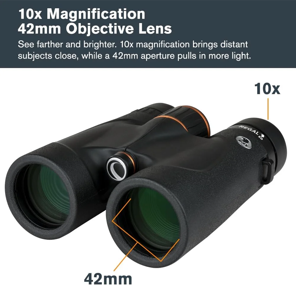 دوربین دوچشمی سلسترون – Regal ED 10x42 – اپتیک ED ممتاز برای شکار، تماشای پرندگان و استفاده در فضای باز – منشورهای BaK-4 با پوشش فاز و دی الکتریک – شیشه کاملاً چند لایه – فوکوس نزدیک 6.5 فوت