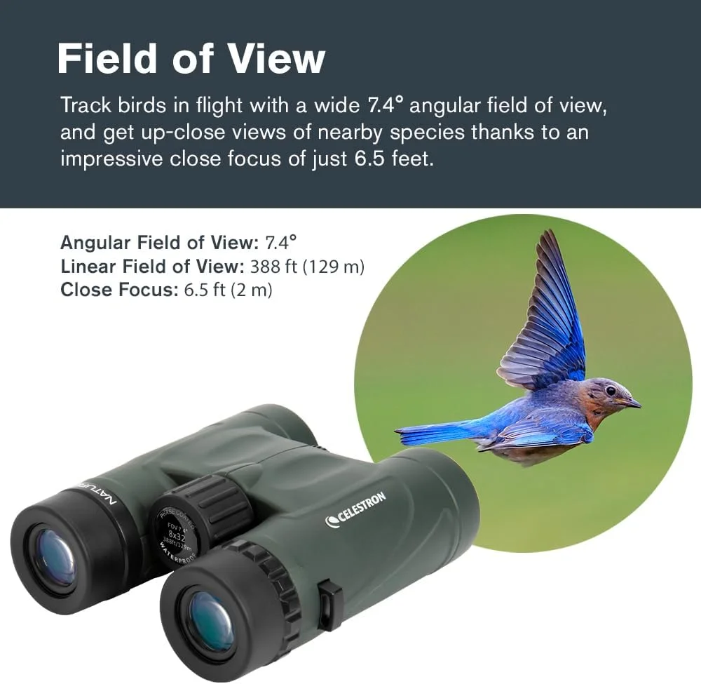 دوربین دوچشمی سلسترون Nature DX 8x32 - ایده آل برای تماشای پرندگان و فضای باز - لنزهای شیئی 32 میلی متری - میدان دید گسترده 7.4 درجه - منشورهای BaK-4 - پوشش چند لایه کامل - ضد آب و ضد مه