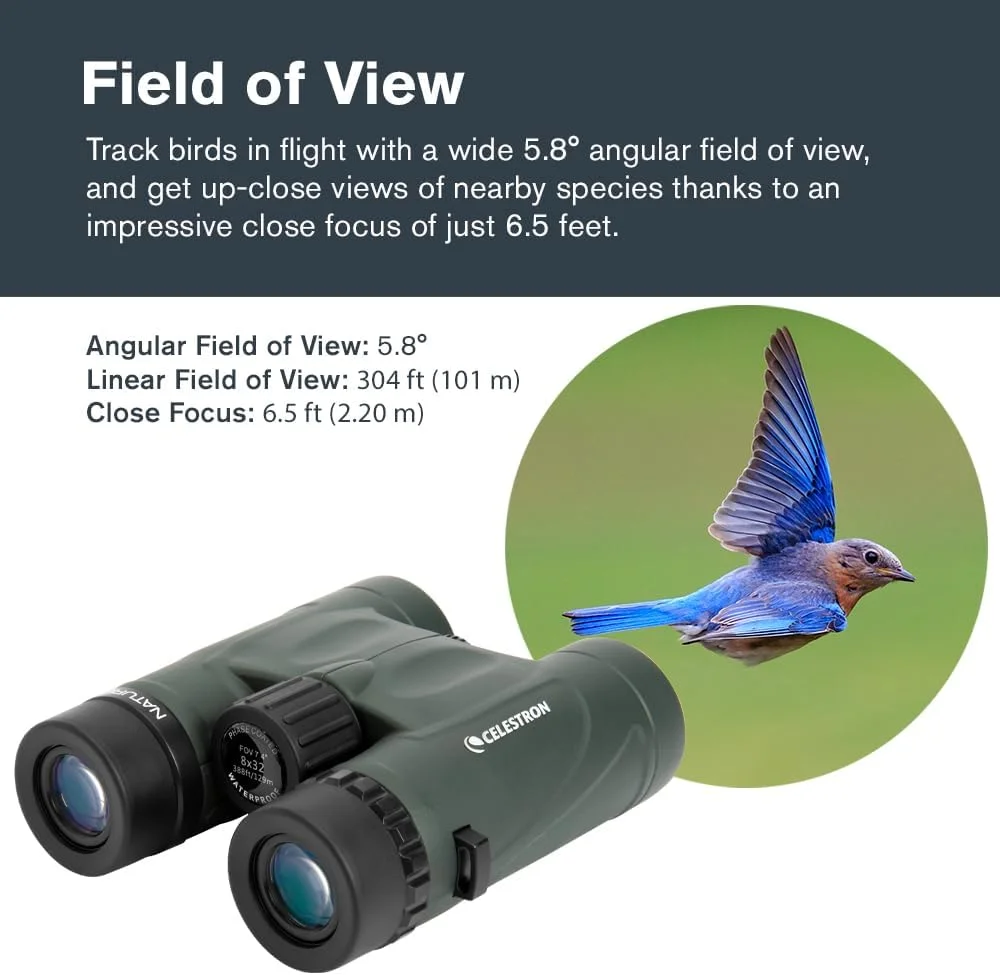 دوربین دوچشمی سلسترون Nature DX 10x32 – ایده آل برای تماشای پرندگان و فضای باز – لنزهای شیئی 32 میلی متری – میدان دید گسترده 7.4 درجه – منشورهای BaK-4 – پوشش چند لایه کامل – ضد آب و ضد مه