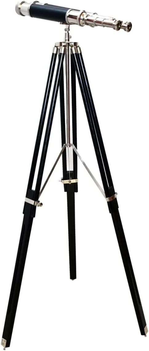 دوربین دوچشمی دریایی برنجی با روکش کروم/نقره ای و پایه سه پایه چوبی