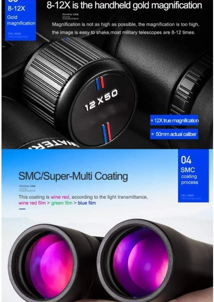 دوربین دوچشمی 12X50 ضد آب IPX8 با لنز چند لایه، پر شده از نیتروژن، تلسکوپ اپتیکال زوم، مناسب کنسرت، شکار و فعالیت های فضای باز (سایز: 12x50)