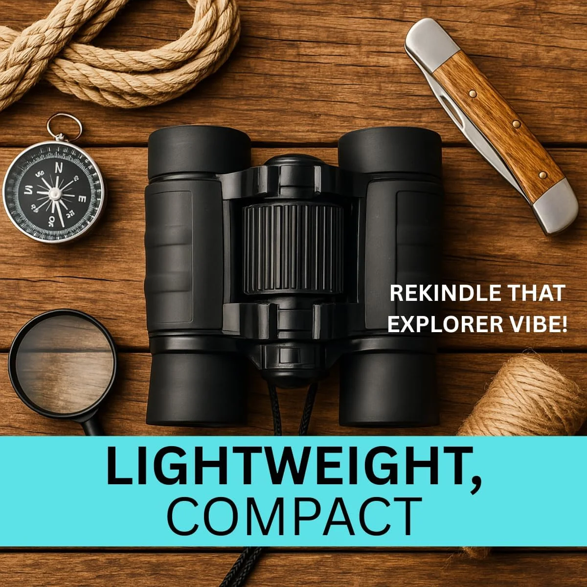 دوربین شکاری مینیاتوری بیرونی هانتر – بزرگنمایی 4x30 میلی‌متر – طراحی فشرده با روکش لاستیکی مشکی و لنزهای آبی رنگ، بند گردنی و کیف نگهداری