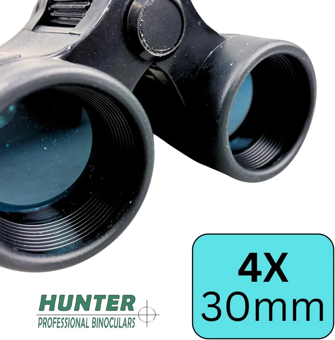 دوربین شکاری مینیاتوری بیرونی هانتر – بزرگنمایی 4x30 میلی‌متر – طراحی فشرده با روکش لاستیکی مشکی و لنزهای آبی رنگ، بند گردنی و کیف نگهداری