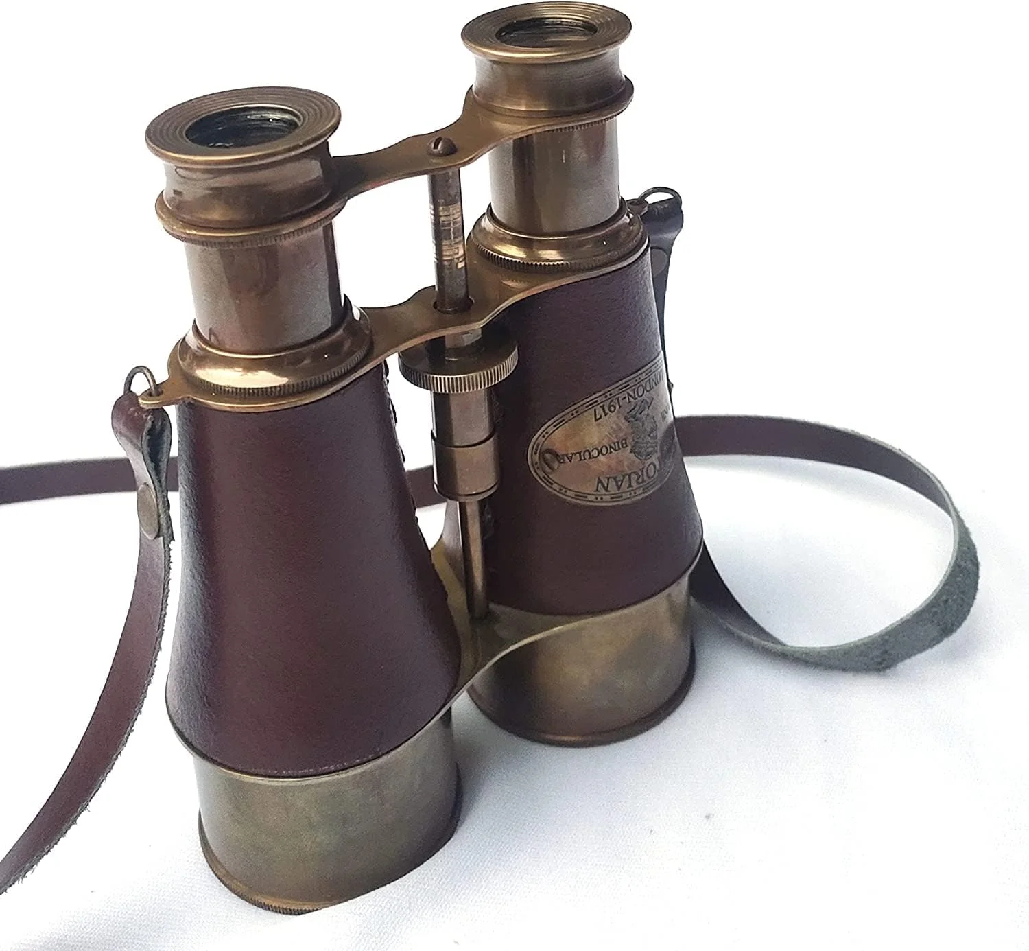 دوربین شکاری 15 سانتی‌متری برنجی عتیقه با روکش چرمی قهوه‌ای و بند گردنی چرمی