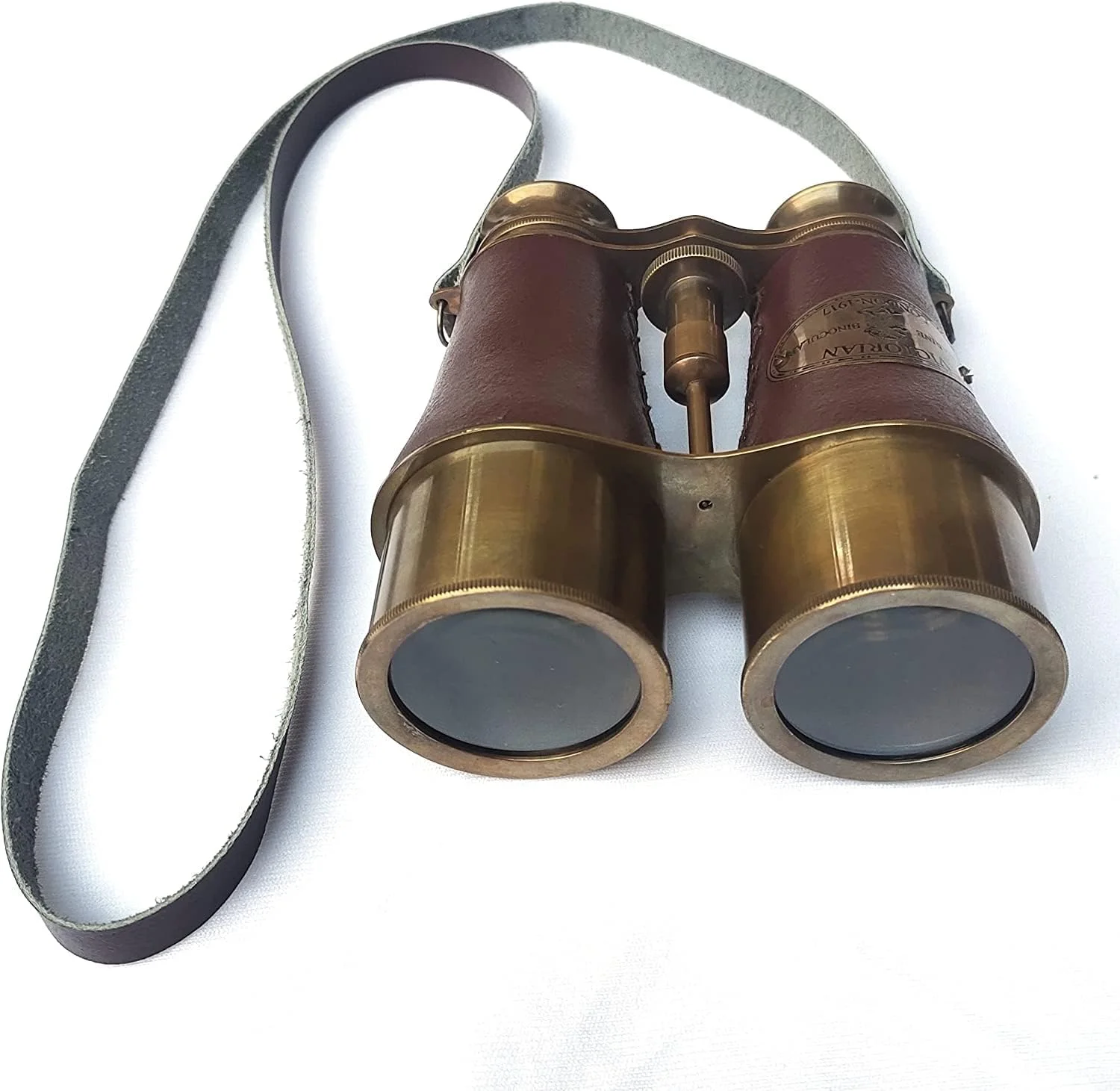 دوربین شکاری 15 سانتی‌متری برنجی عتیقه با روکش چرمی قهوه‌ای و بند گردنی چرمی