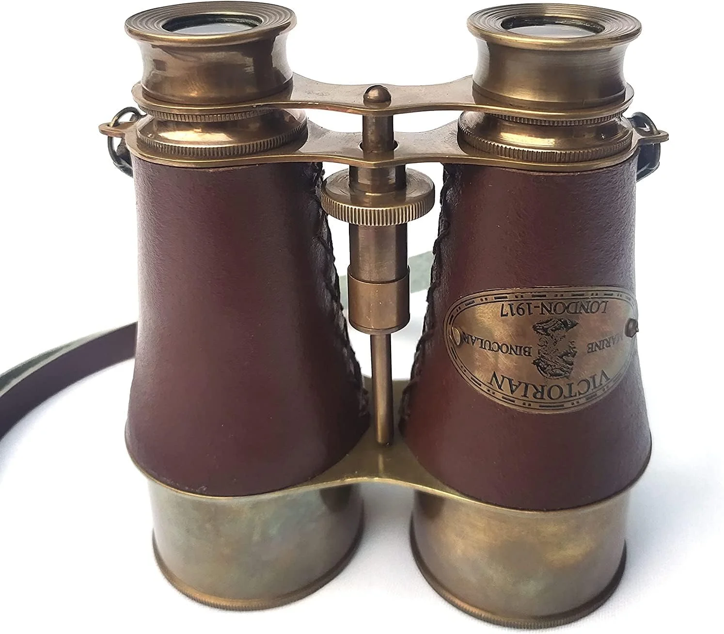 دوربین شکاری 15 سانتی‌متری برنجی عتیقه با روکش چرمی قهوه‌ای و بند گردنی چرمی