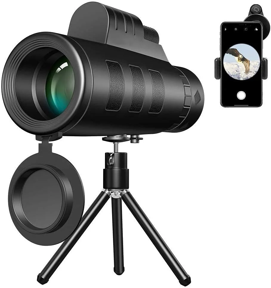 تلسکوپ تک لوله ای HD 40x60 به همراه براکت، لنز زوم دوربین موبایل + سه پایه + گیره اتصال دوچشمی مناسب کمپینگ، 3 تکه / ست
