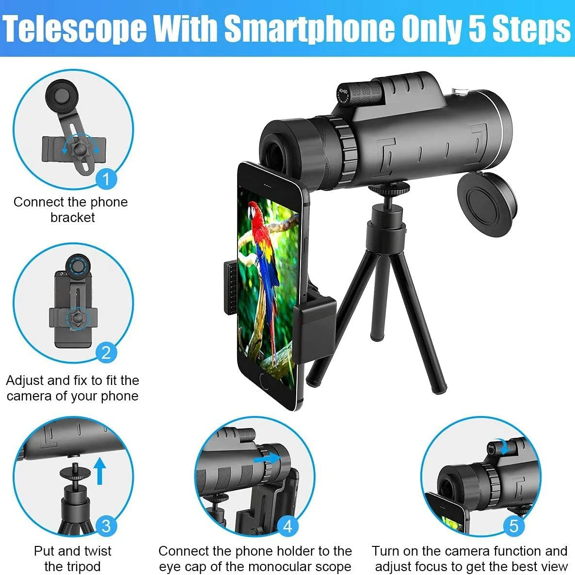تلسکوپ تک لوله ای HD 40x60 به همراه براکت، لنز زوم دوربین موبایل + سه پایه + گیره اتصال دوچشمی مناسب کمپینگ، 3 تکه / ست تلسکوپ تک لوله ای HD 40x60 به همراه براکت، لنز زوم دوربین موبایل + سه پایه + گیره اتصال دوچشمی مناسب کمپینگ، 3 تکه / ست