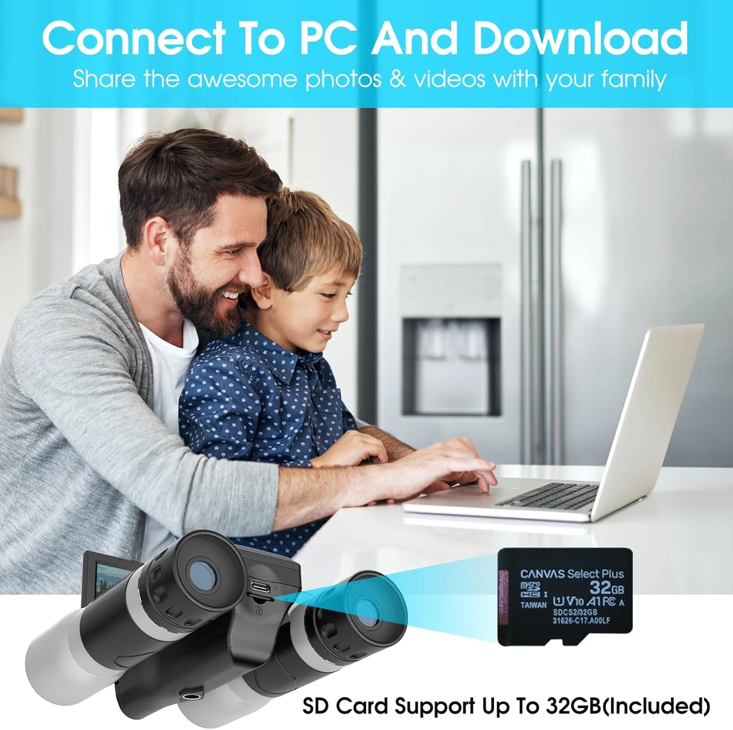 دوربین دوچشمی ZZSTAR 12x32 با دوربین داخلی، دوربین دوچشمی قدرتمند برای بزرگسالان، صفحه نمایش 2 اینچی LTPS، ضبط کننده عکس و فیلم 5 مگاپیکسلی 1080P برای تماشای پرندگان، مسافرت، کنسرت، با کارت میکرو SD 32 گیگابایتی، نقره ای