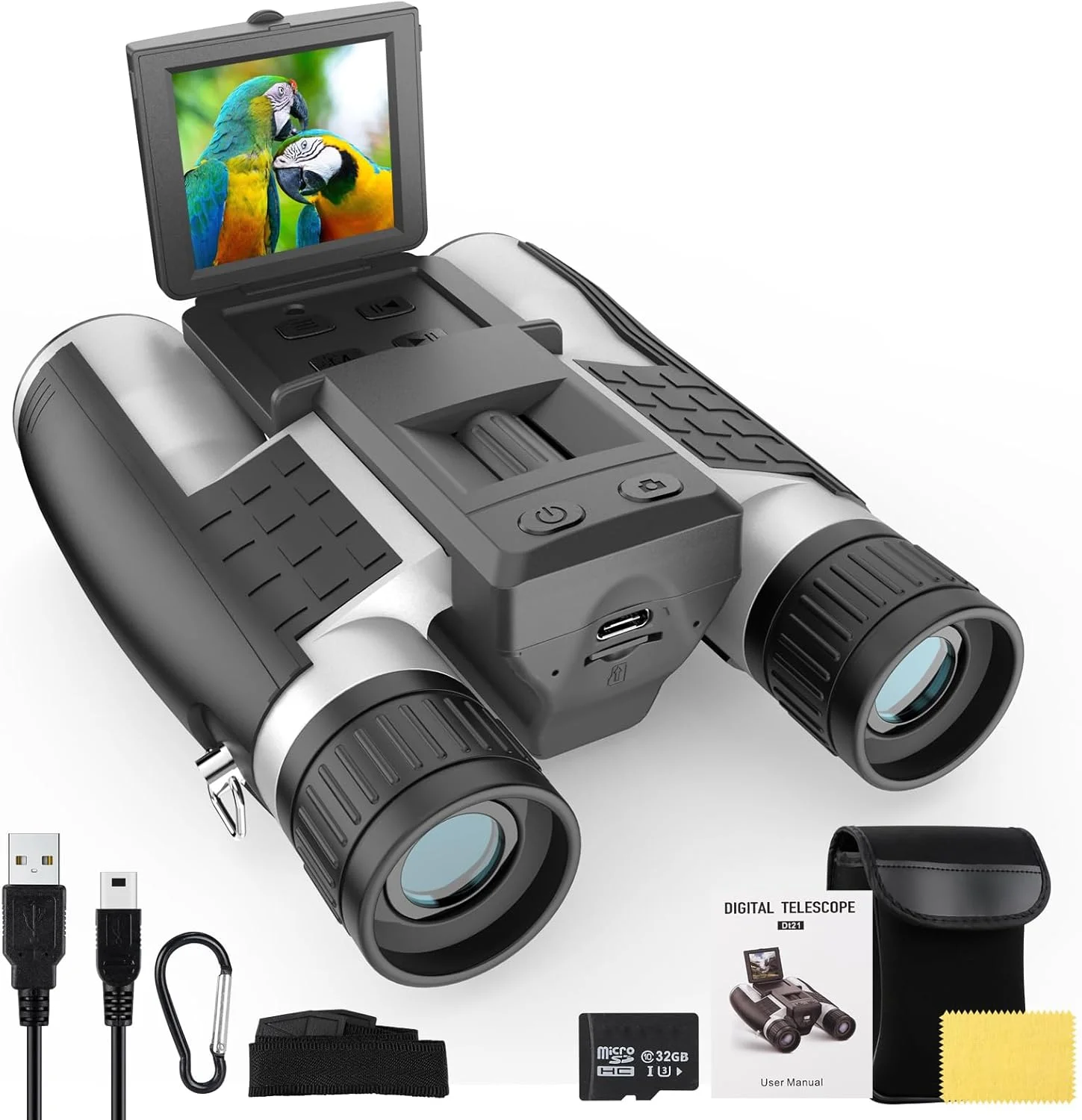 دوربین دوچشمی دید بزرگ ZZSTAR 12x32 با دوربین، دوربین دوچشمی FMC و BAK4 Prism برای بزرگسالان با قدرت بالا، صفحه نمایش LCD 2 اینچی ضبط کننده عکس و فیلم 1080P 5MP برای تماشای پرندگان و شکار، با کارت 32 گیگابایتی، نقره ای