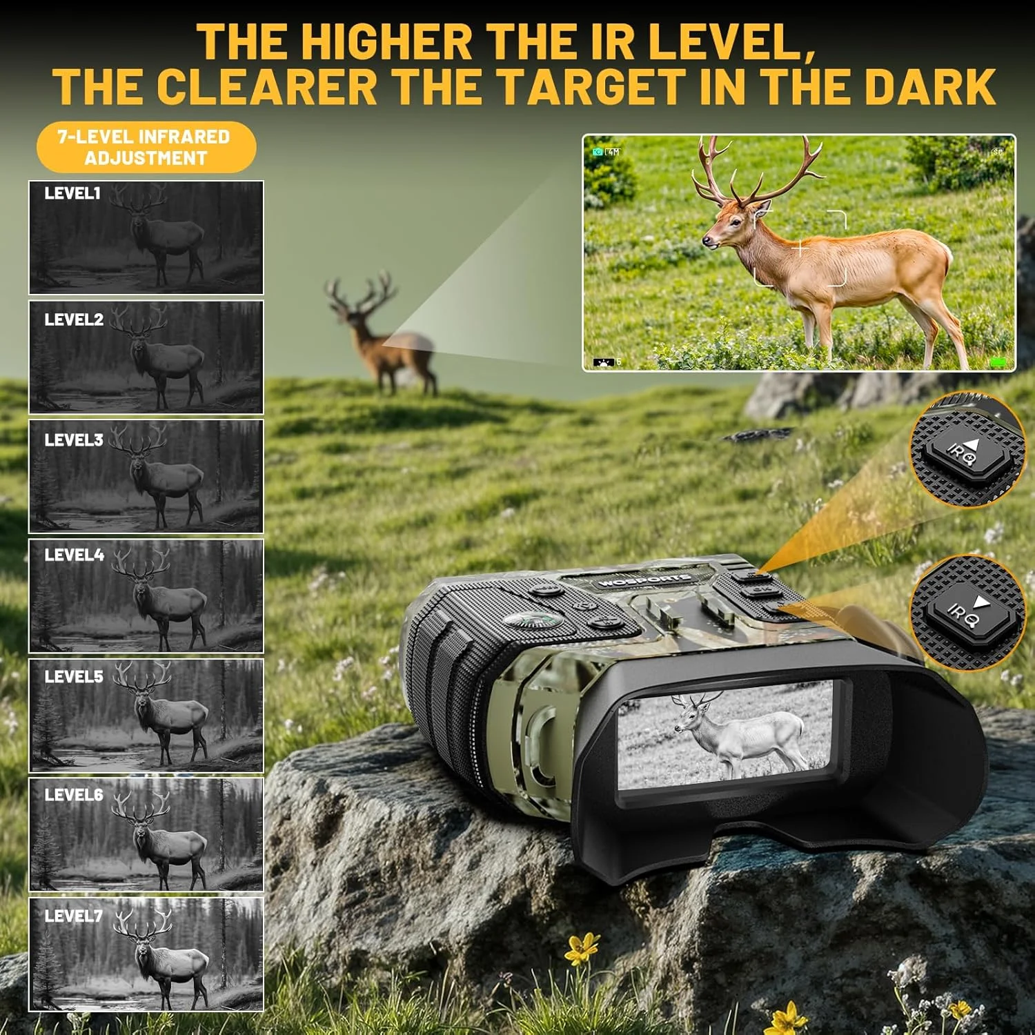 دوربین دید در شب WOSPORTS برای بزرگسالان – دوربین دوچشمی 4K با عکس 48 مگاپیکسل، برد 400 متری مادون قرمز، زوم اپتیکال 10X، دوربین زوم دیجیتال، NVG برای شکار، کمپینگ، مسافرت در حیات وحش – هدیه برای آقایان