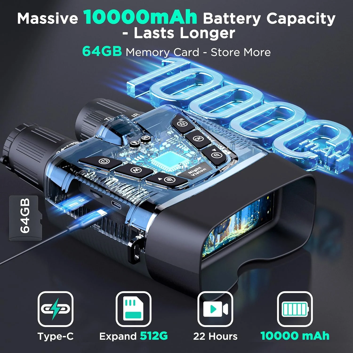 دوربین دید در شب، دوربین دوچشمی دید در شب تمام رنگی 4K با کیفیت 58 مگاپیکسل با باتری قابل شارژ 10000 میلی آمپر ساعتی، کارت 64 گیگابایتی، صفحه نمایش 3.99 اینچی و برد دید 1968 فوت برای کمپینگ، شکار و امنیت