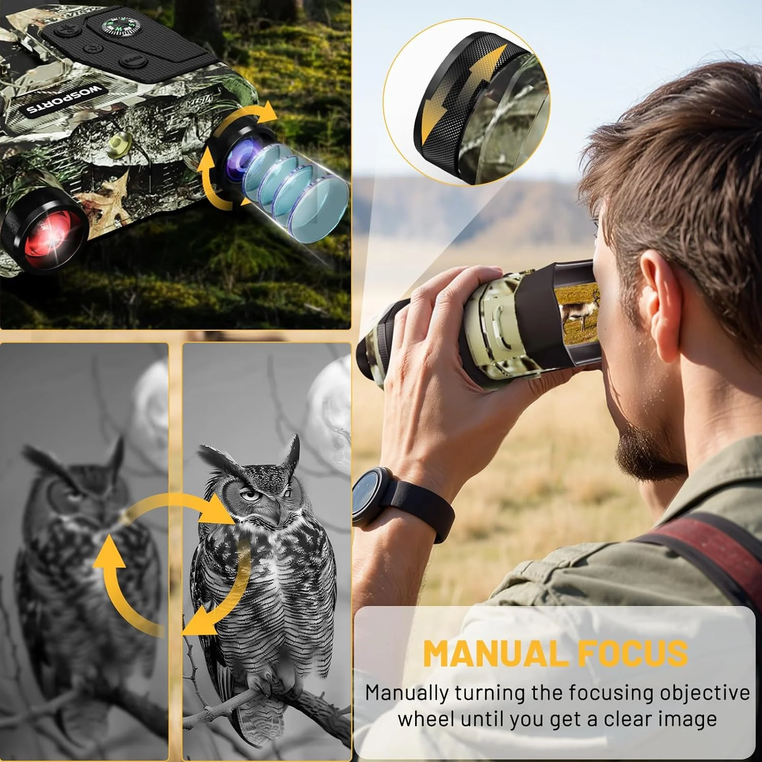 دوربین دید در شب WOSPORTS برای بزرگسالان – دوربین دوچشمی 4K با عکس 48 مگاپیکسل، برد 400 متری مادون قرمز، زوم اپتیکال 10X، دوربین زوم دیجیتال، NVG برای شکار، کمپینگ، مسافرت در حیات وحش – هدیه برای آقایان