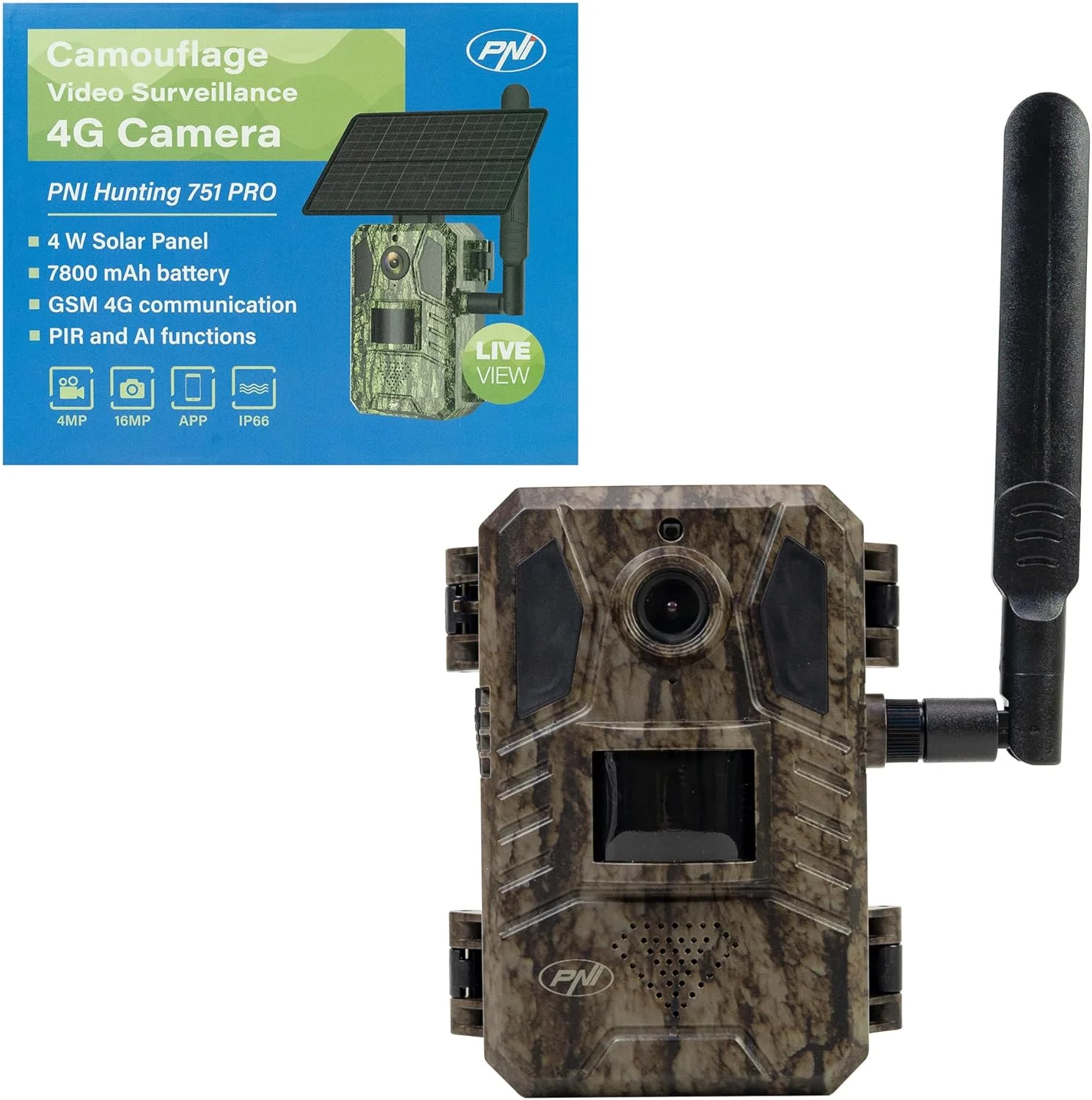 دوربین مداربسته استتاری PNI Hunting 751 PRO، شانزده مگاپیکسل، 4G LTE، GPS، دید در شب، LED های نامرئی برای حیوانات، IP66