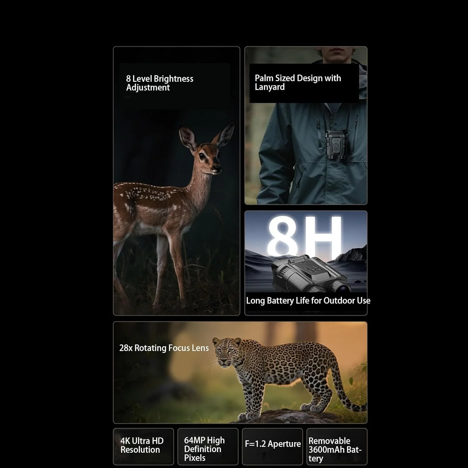 دوربین دوچشمی دیجیتال HD، زوم 28X با کیفیت 4K HD و 64 مگاپیکسل، تلسکوپ دستی برای تماشای پرندگان و حیات وحش، عکاسی در فضای باز با اتصال WiFi و رابط جهانی دوربین دوچشمی دیجیتال HD، زوم 28X با کیفیت 4K HD و 64 مگاپیکسل، تلسکوپ دستی برای تماشای پرندگان و حیات وحش، عکاسی در فضای باز با اتصال WiFi و رابط جهانی