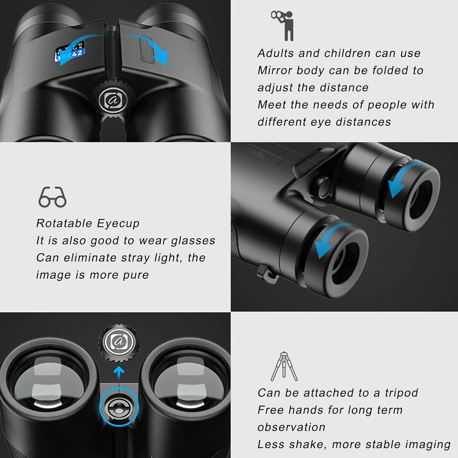 دوربین دوچشمی 10x42، دوربین دوچشمی فشرده با فوکوس خودکار، با اتصال سه پایه، دید در شب با نور کم، برای تماشای پرندگان، پیاده روی، کوهنوردی، برای بزرگسالان، کودکان