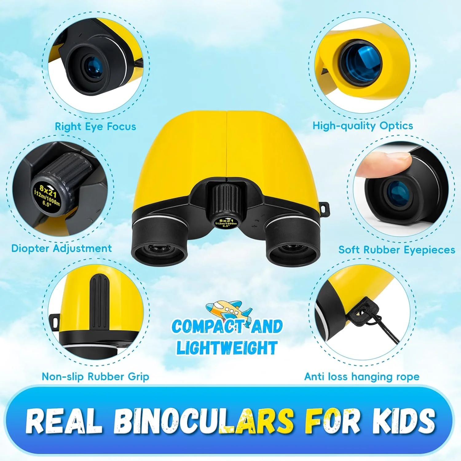 دوربین دوچشمی 8x21 با بزرگنمایی بالا برای کودکان 3، 5، 8 و 12 ساله - هدیه ای برای پسران و دختران، دوربین دوچشمی کوچک و جمع و جور برای کودکان برای تماشای پرندگان، پیاده روی، شکار، تجهیزات کمپینگ در فضای باز کودکان