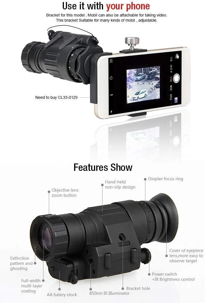 تلسکوپ دید در شب مادون قرمز، دوربین دیجیتال ضد آب و ضد مه با کیفیت HD و برد 200 متری برای شکار