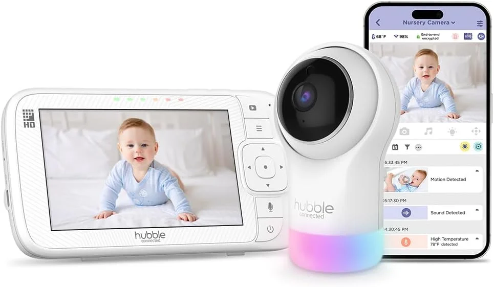 مانیتور هوشمند کودک هابل کانکتد Nursery Pal Glow+ با واحد والدین 5 اینچی و مشاهده از طریق وای فای با اپلیکیشن رایگان - چراغ خواب 7 رنگ، آموزش خواب، چرخش، زوم و تیلت از راه دور، ارتباط دو طرفه، دید در شب مادون قرمز