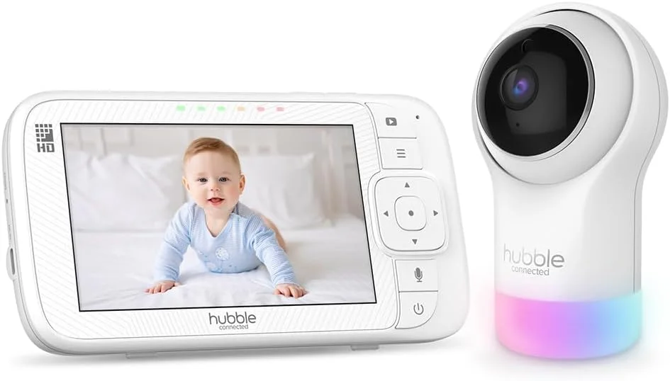 مانیتور هوشمند کودک هابل کانکتد Nursery Pal Glow+ با واحد والدین 5 اینچی و مشاهده از طریق وای فای با اپلیکیشن رایگان - چراغ خواب 7 رنگ، آموزش خواب، چرخش، زوم و تیلت از راه دور، ارتباط دو طرفه، دید در شب مادون قرمز