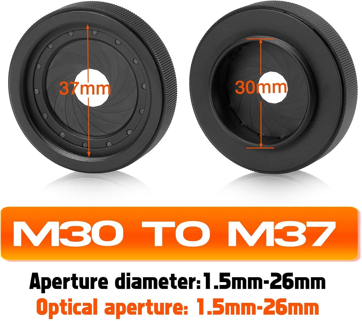 بسته 2 عددی دیافراگم عنبیه قابل تنظیم فیلتر آداپتور دیافراگم عنبیه M30 به M37 دیافراگم نوری 1.5-26 میلی متر حلقه آداپتور ماژول لنز اپتیک