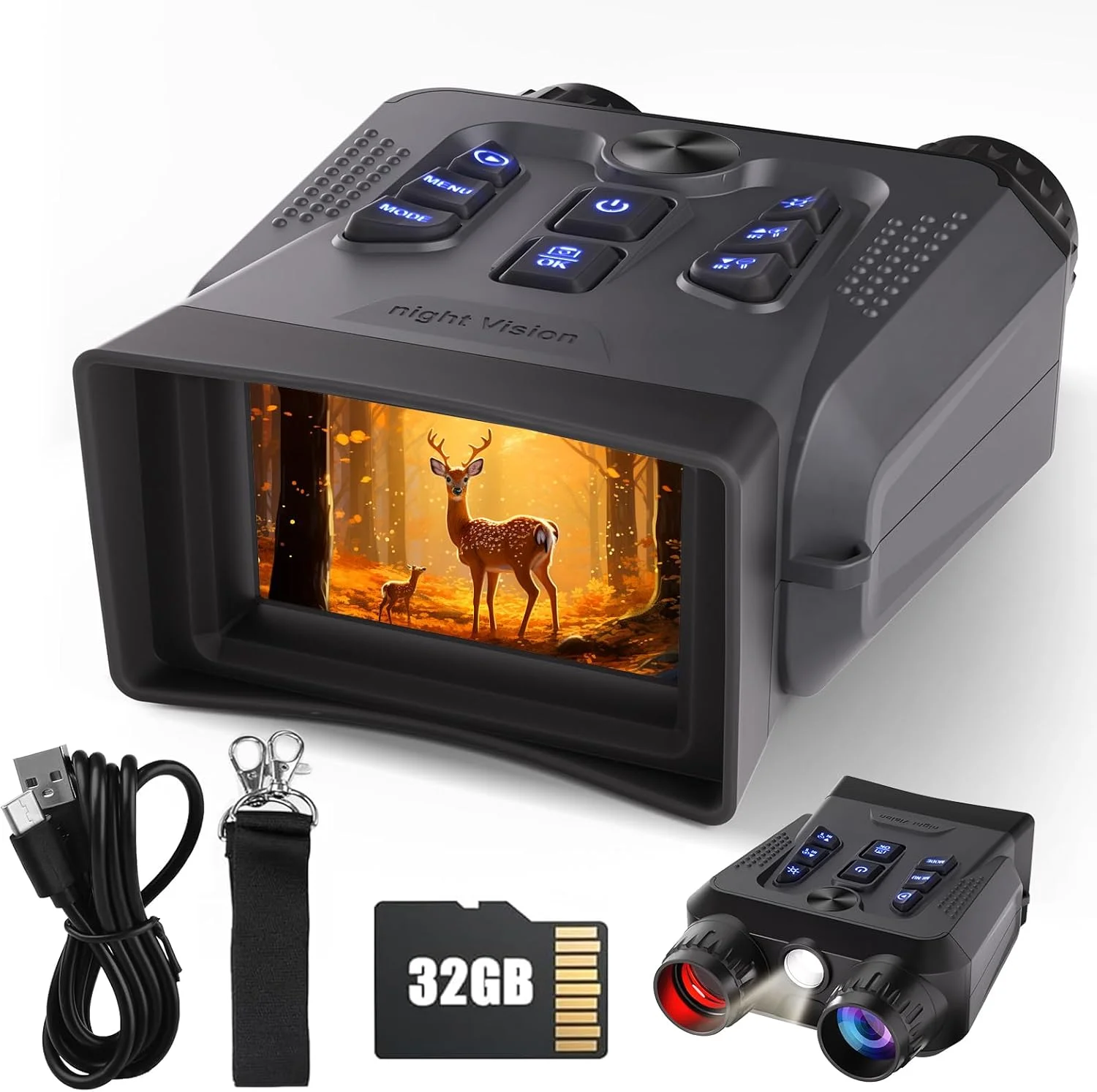 دوربین دوچشمی دید در شب 4K برای بزرگسالان، دوربین دوچشمی قدرتمند 3 اینچی HD دید در شب مادون قرمز برای کمپینگ و فعالیت های فضای باز با کارت TF 32 گیگابایتی و زوم