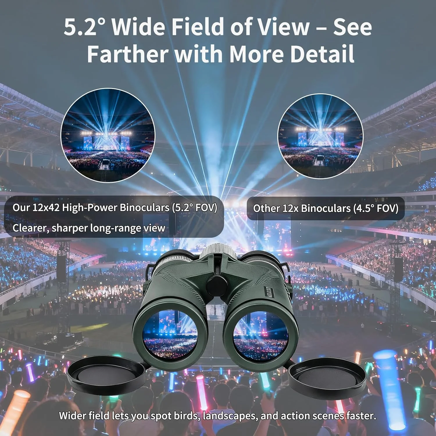 دوربین شکاری قوی وُلف‌هانت با لنزهای BAK-4 Prism FMC، ضدآب IPX7 و پر شده با نیتروژن مناسب تماشای پرندگان، سفر و فعالیت‌های خارج از منزل (سبز زیتونی، 12x42)