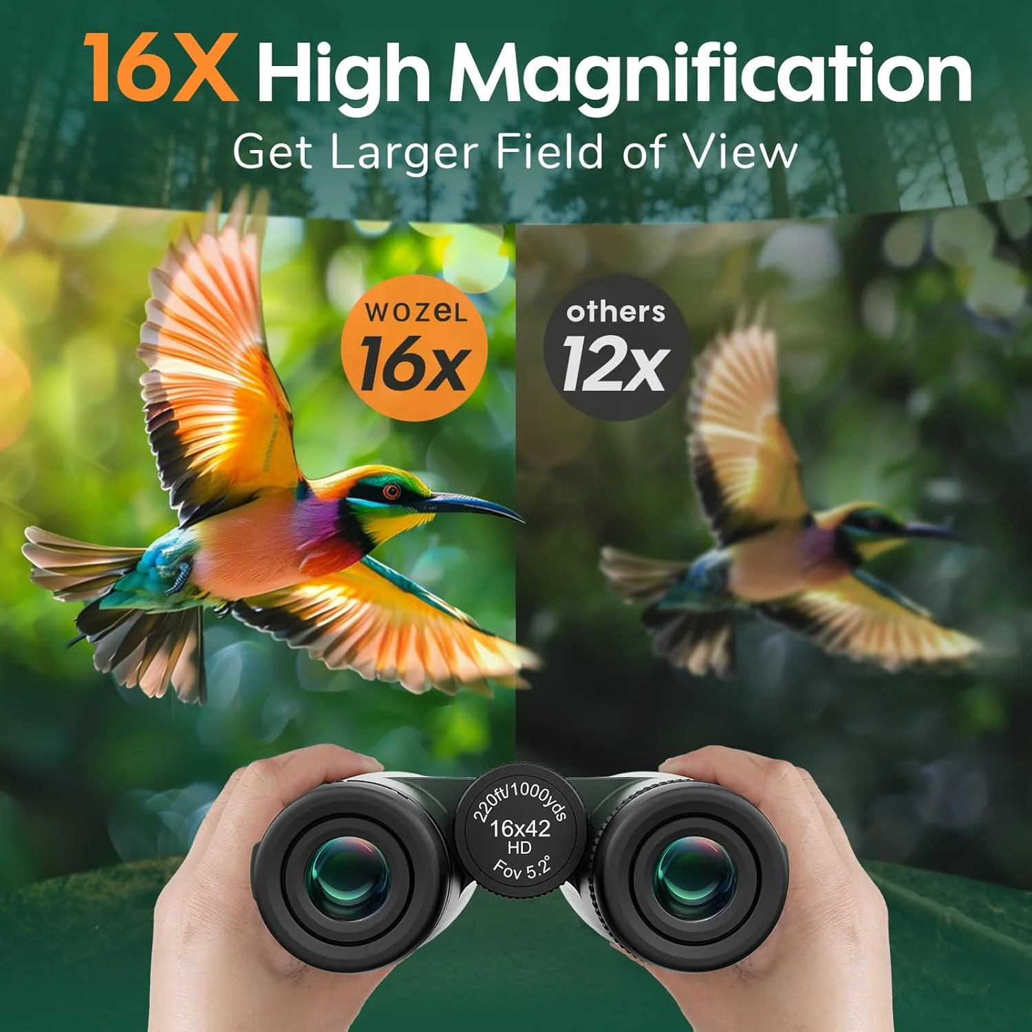 دوربین دوچشمی 16x42 بزرگسالان، دید واضح HD در نور کم با نمای روشن بزرگ - دوربین دوچشمی قدرتمند برای تماشای پرندگان، شکار، مسافرت، پیاده روی، کنسرت - سبز
