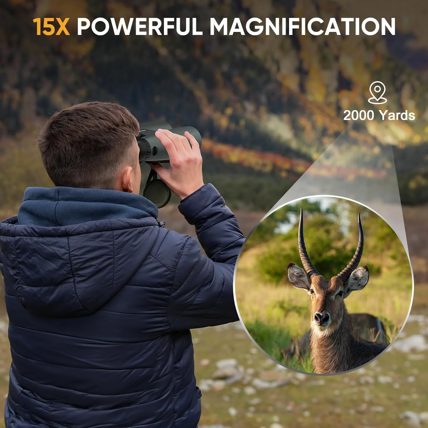دوربین دوچشمی 15x50 WOSPORTS برای بزرگسالان با قدرت بالا - دوربین دوچشمی با عدسی چشمی بزرگ 21.5 میلی‌متری برای تماشای پرندگان، کشتی کروز، شکار، مسافرت
