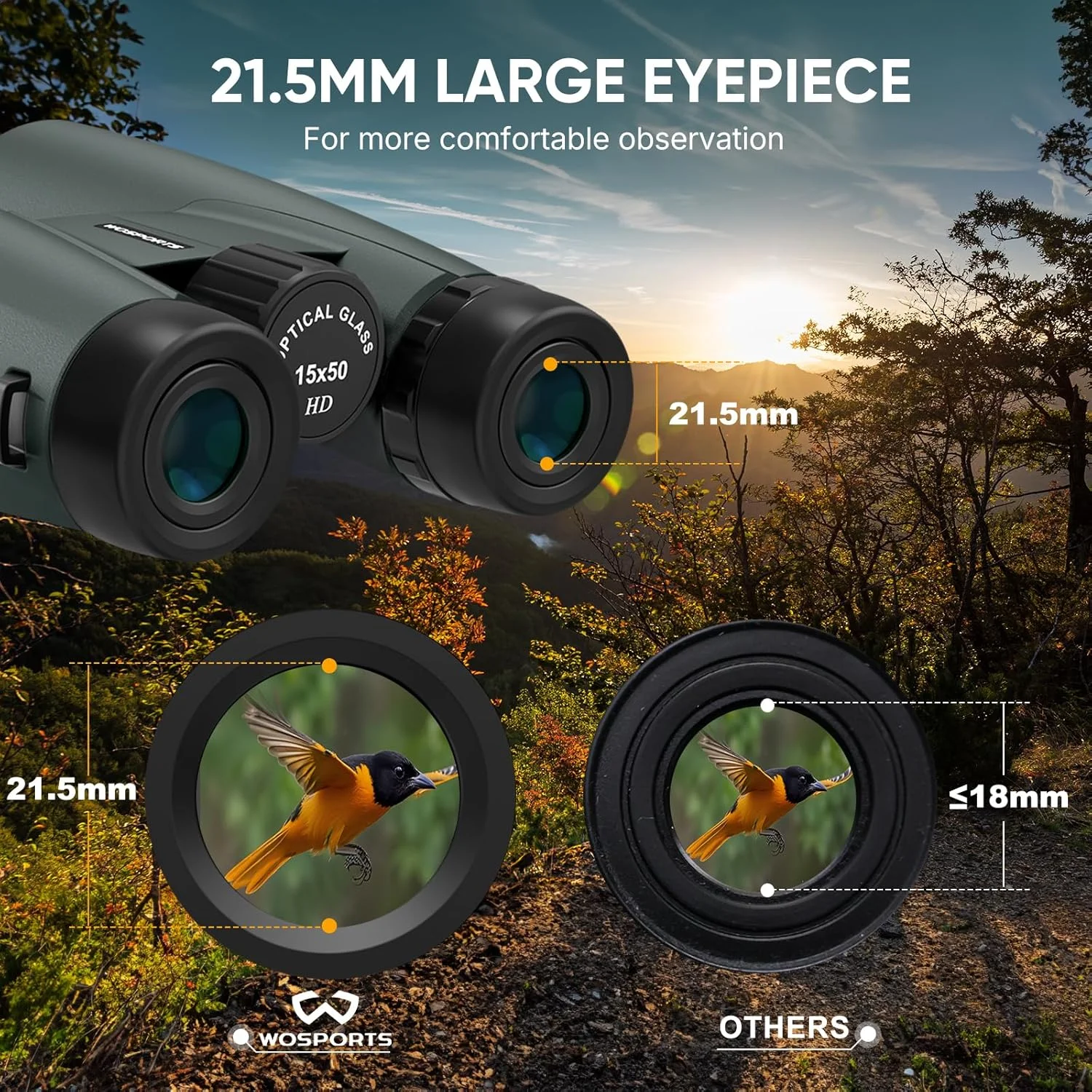 دوربین دوچشمی 15x50 WOSPORTS برای بزرگسالان با قدرت بالا - دوربین دوچشمی با عدسی چشمی بزرگ 21.5 میلی‌متری برای تماشای پرندگان، کشتی کروز، شکار، مسافرت