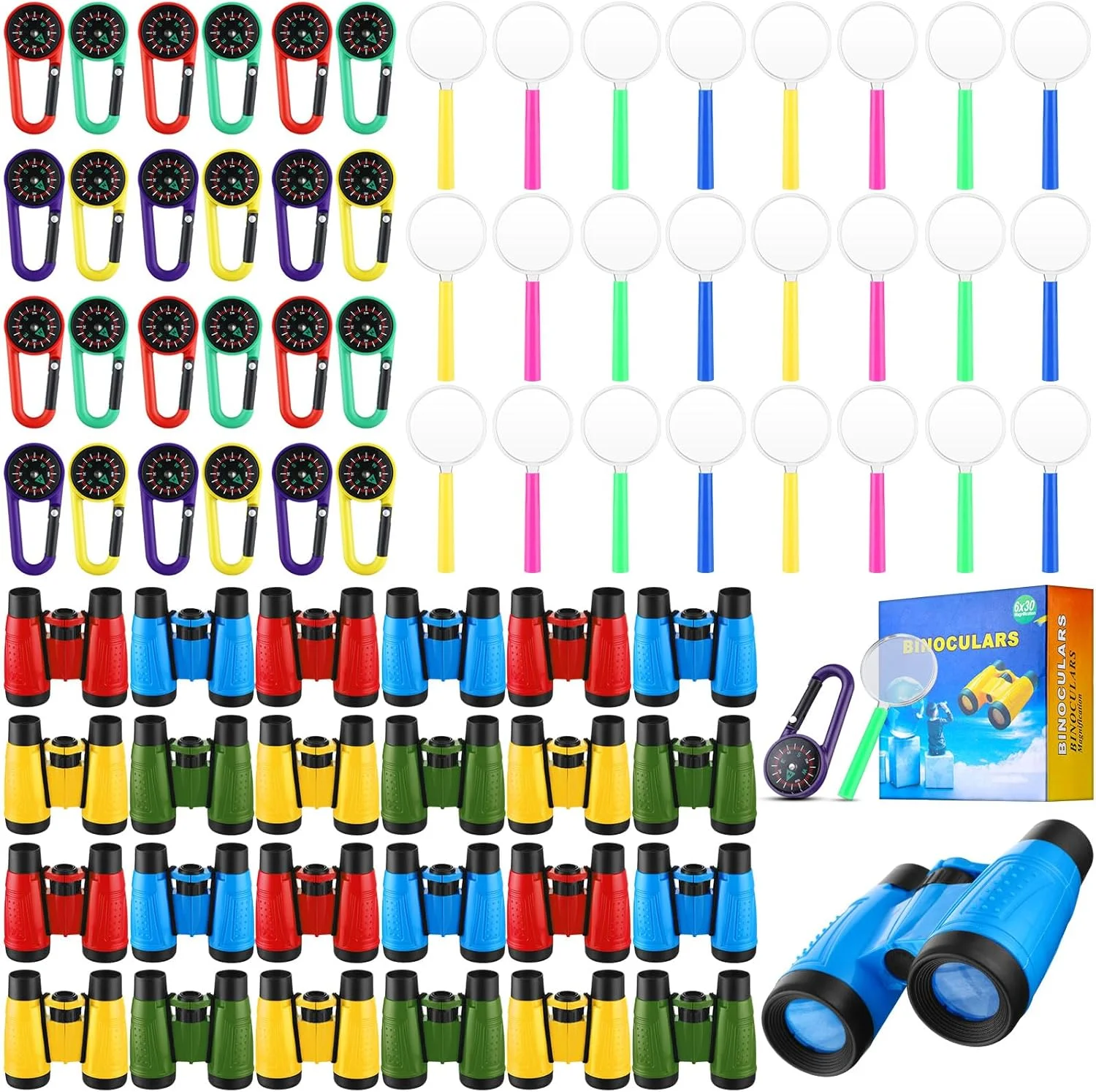 مجموعه 24 عددی دوربین دوچشمی کوچک، قطب نما و ذره بین Wettarn برای کودکان 3 تا 12 سال - مناسب پسران و دختران - دوربین دوچشمی کوچک تلسکوپی برای تماشای پرندگان، کمپینگ، پیاده روی و بازی در فضای باز