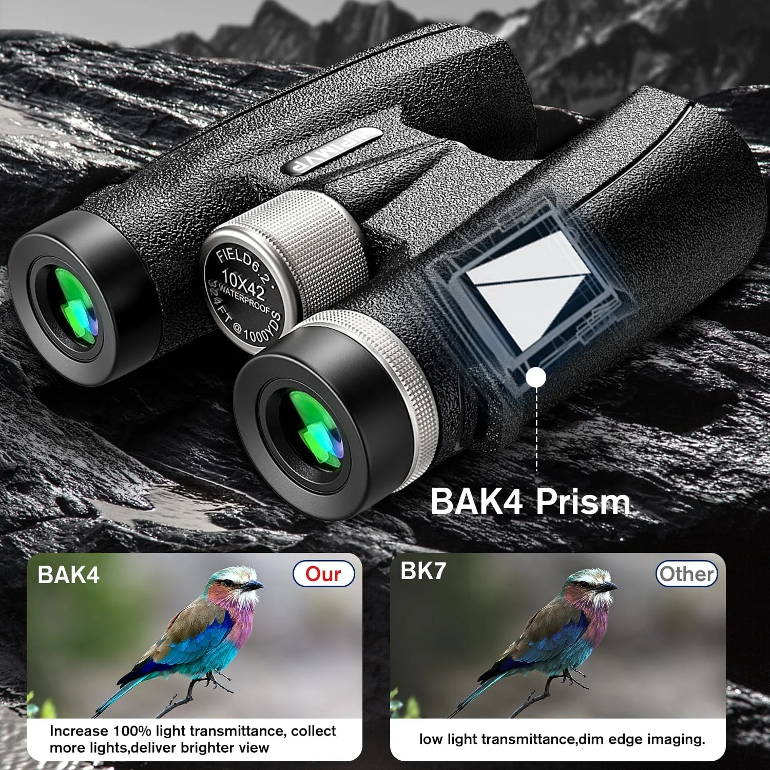 دوربین دوچشمی قدرتمند 10x42 ضدآب IPX7 برای بزرگسالان، مناسب شکار، تماشای پرندگان، مسافرت، تئاتر، نجوم، تماشای پرندگان، اپرا، زمین‌شناسی، سافاری دریایی و تماشای پرندگان