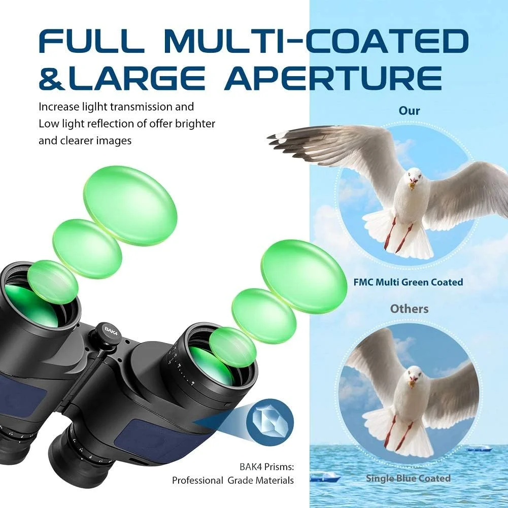 دوربین شکاری دریایی ضد آب و ضد مه، دوربین شکاری 7x50 Hooway با مسافت یاب داخلی و قطب نما برای ناوبری، قایق سواری، تماشای پرندگان (آبی)