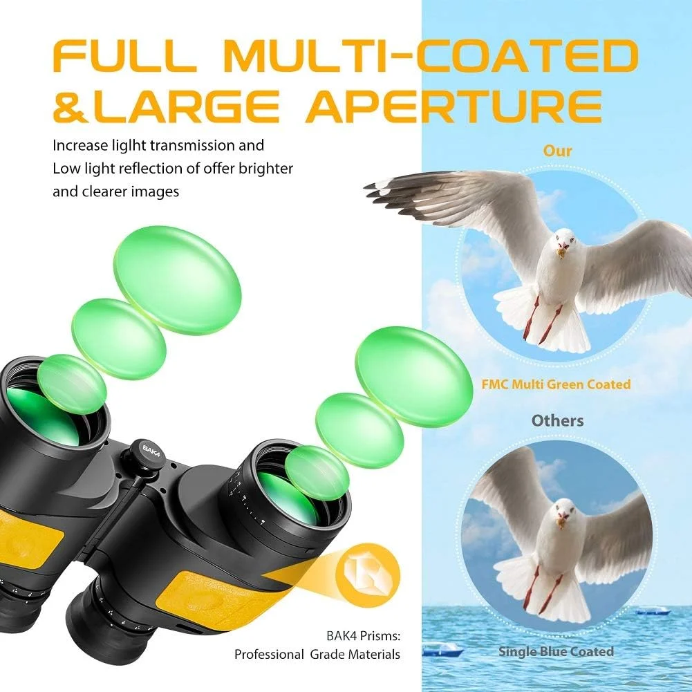 دوربین دوچشمی دریایی 7x50 ضد آب و ضد مه با قطب نما و مسافت یاب داخلی برای قایقرانی، ماهیگیری، جهت یابی و موارد دیگر