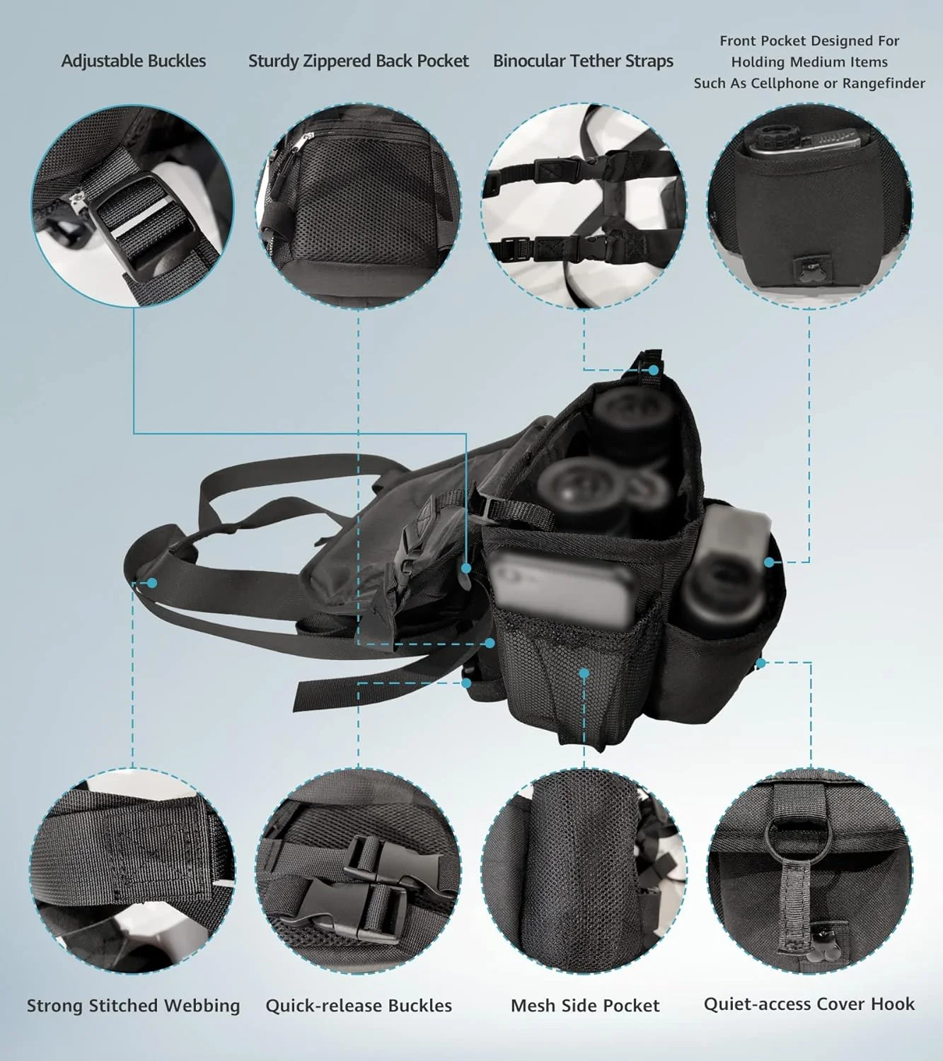 کیف سینه ای دوربین دوچشمی GAIARENA، کیف ضد آب با محفظه مسافت یاب برای دوربین های دوچشمی 20x50، کیف سینه ای قابل تنظیم برای شکار و پیاده روی (سایز کامل)